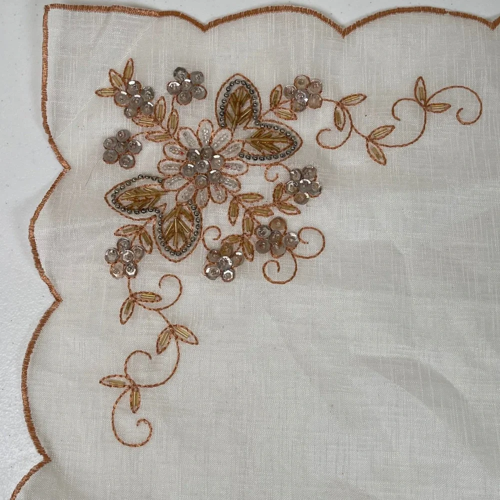 Vintage Set of 3 Hand Embroidered Beaded Floral Handkerchiefs 50s 60s Scalloped‎